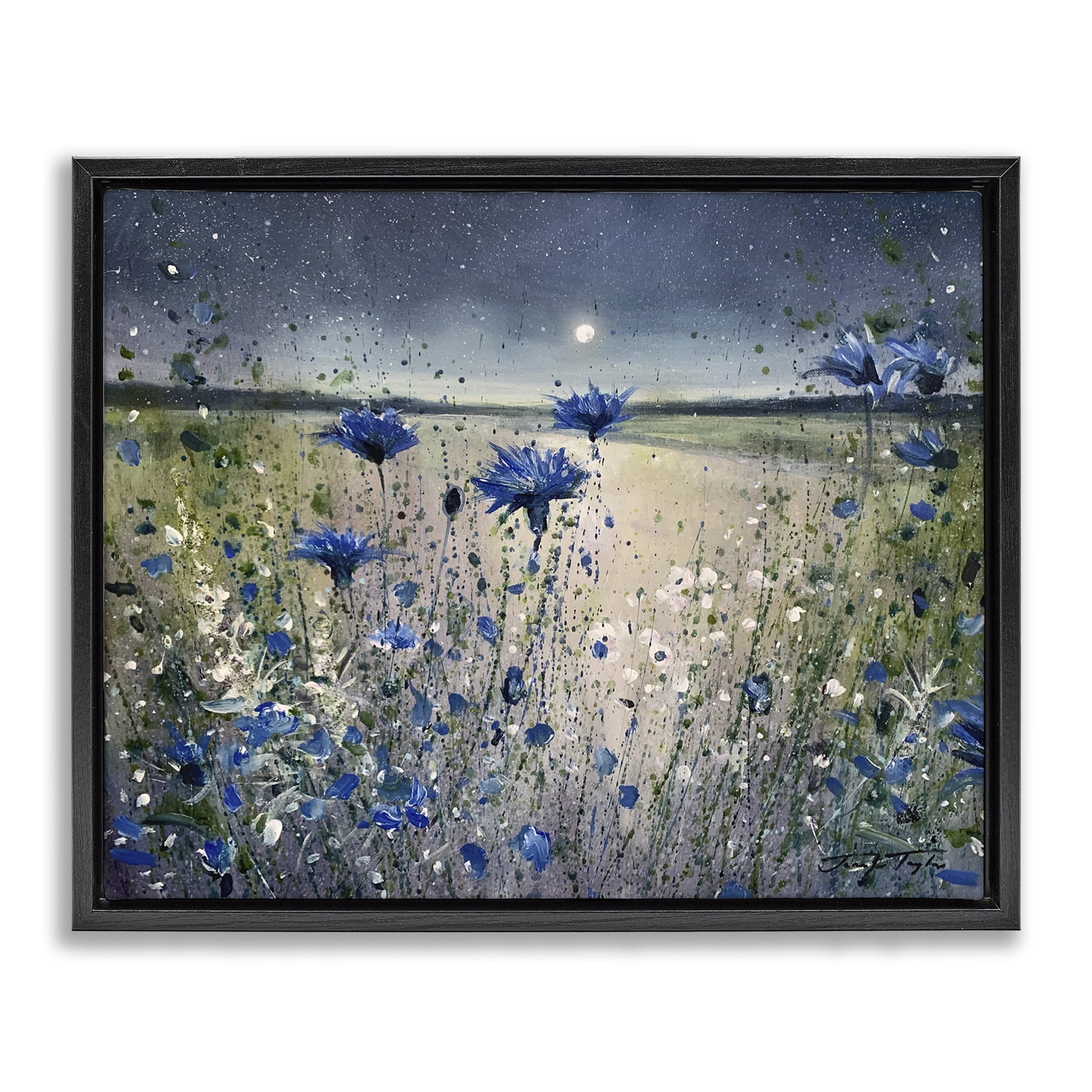 Moon over Blooming Flowers Black Floating Frame Canvas Art, 21 x 17