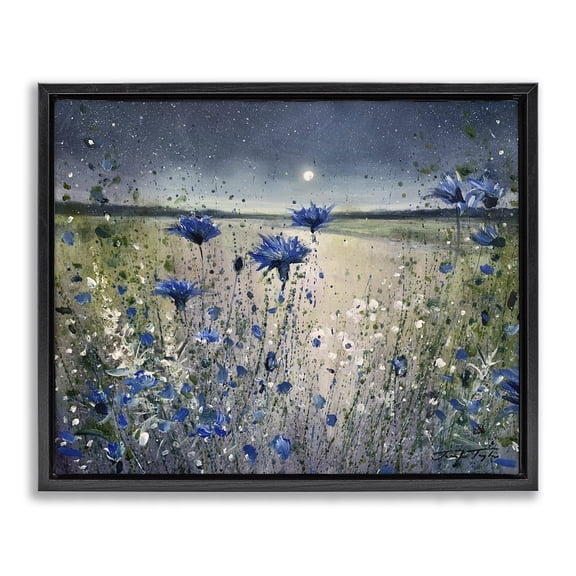 Moon over Blooming Flowers Black Floating Frame Canvas Art, 31 x 25
