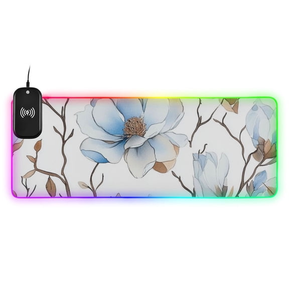 Blooming Blue Petals Wireless Charging RGB Gaming Mouse Pad Large Keyboard Mat Rubber Base 13 Light Modes