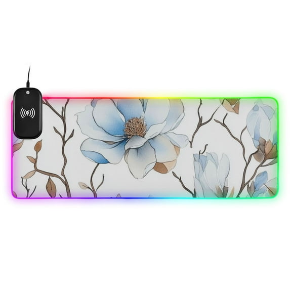Blooming Blue Petals Wireless Charging RGB Gaming Mouse Pad Large Keyboard Mat Rubber Base 13 Light Modes
