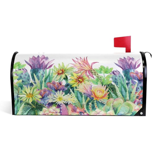 Blooming Cactus Succulents and Flowers Magnetic Mailbox Cover MailWraps Garden Yard Home Decor for Outside Standard Size-18"x 20.8"