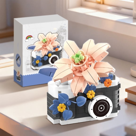 Blooming Camera Miniature Figurine - Retro Floral Desktop Collectible & Novelty Decor - Cute Flower Camera Series Mini Building Toy Bricks Micro Blocks Kit Miniature Toys for Home Decor Desktop
