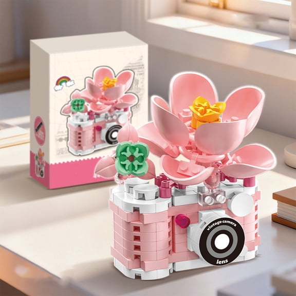 Blooming Camera Miniature Figurine - Retro Floral Desktop Collectible & Novelty Decor - Cute Flower Camera Series Mini Building Toy Bricks Micro Blocks Kit Miniature Toys for Home Decor Desktop