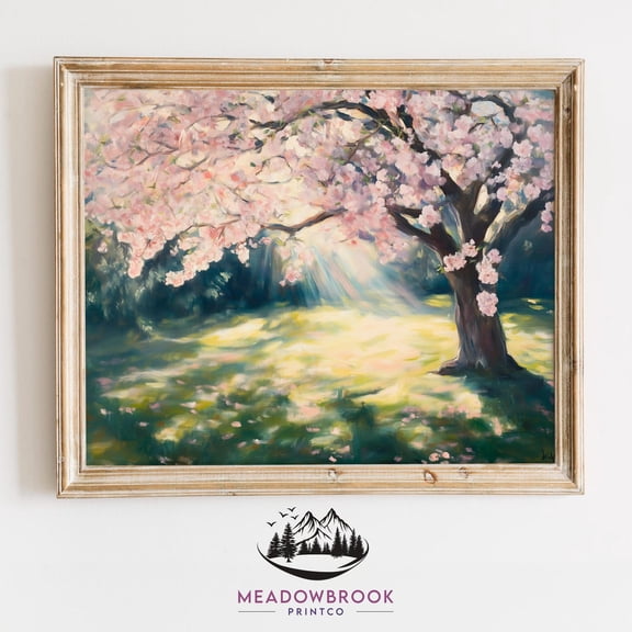 Blooming Cherry Tree In Spring Meadow - Cottagecore Printable, Vintage Landscape Art, Romantic Floral Scene, Easter Home Decor Download 1098, Unframed Poster Size 24x36