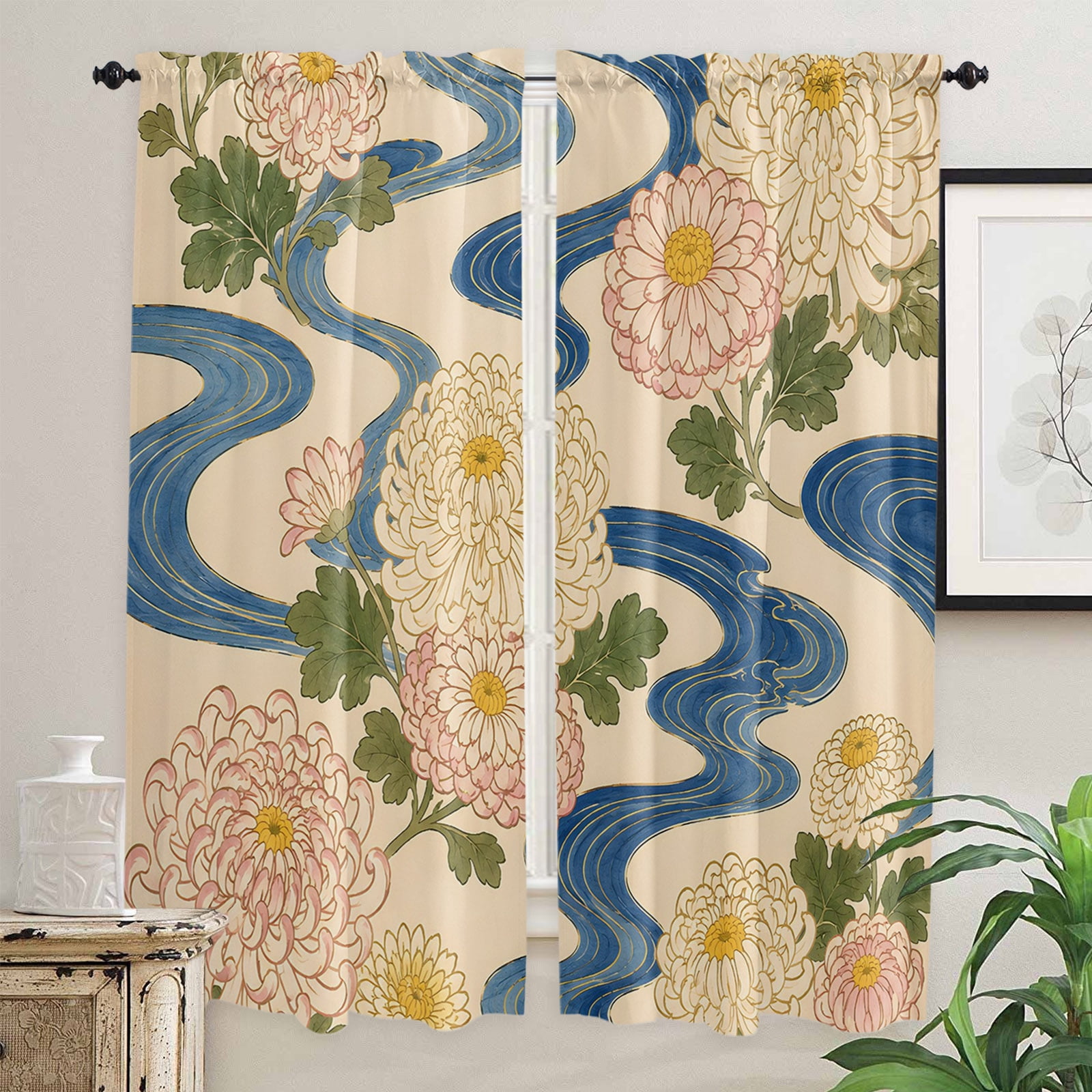 Blooming Chrysanthemums Kitchen Curtain for Berdoom Living Room Cafe 72 ...
