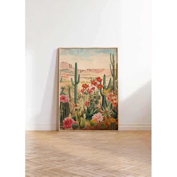 Blooming Desert Cactus Wall Art, Vibrant Landscape Decor, Maximal Cacti Print, Colorful Floral Art, Acrylic Illustration Poster Wall Art, Modern Wall Decor, 8x12 UNFRAMED