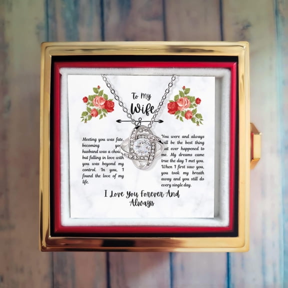 A Blooming Expression of Love: Rotating Rose Box with "To My Wife" Message Card Necklace, Jewelry gift box for wife, Birthday Gift, Love Knot Necklace with Preserved Red Rose