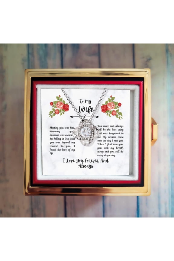 A Blooming Expression of Love: Rotating Rose Box with "To My Wife" Message Card Necklace, Jewelry gift box for wife, Birthday Gift, Love Knot Necklace with Preserved Red Rose
