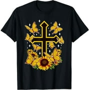 Blooming Faith: A Radiant Fusion of Cross, Sunflowers, Butterflies, and Floral Art on a T-Shirt