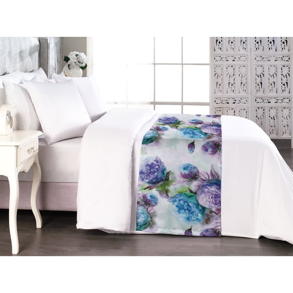 Blooming Floral Bed Runner, Romantic Flowers with Watercolor Style on Jumble Back Print, Decorative Accent Bedding Scarf for Hotels Homes & Guest Rooms, King, Deep Sky Blue Pale Lilac, by Ambesonne