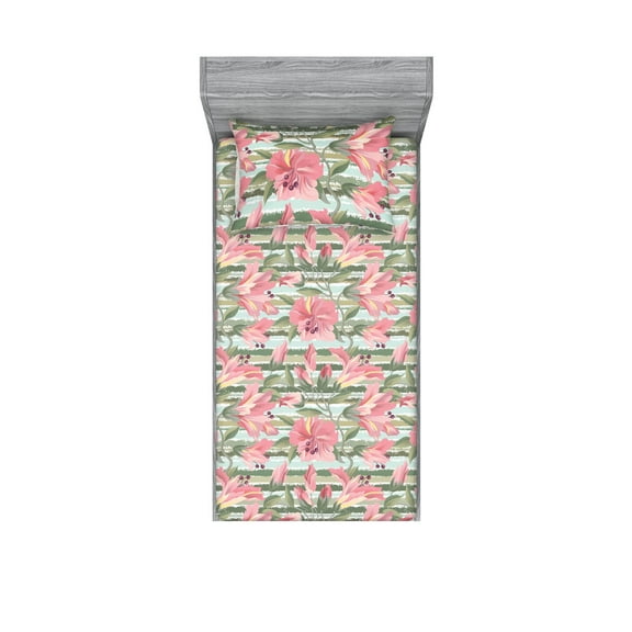 Blooming Floral Fitted Sheet & Pillow Sham Set, Leafy Design Pastel Springtime Flowers on Striped Back Print, Decorative Printed 2 Piece Bedding Decor, Twinxl, Pastel Pink Peacock Green, by Ambesonne
