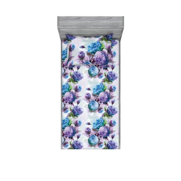 Blooming Floral Fitted Sheet & Pillow Sham Set, Romantic Flowers with Watercolor Style on Jumble Back Print, Decorative Printed 2 Piece Bedding Decor, Twin, Deep Sky Blue Pale Lilac, by Ambesonne