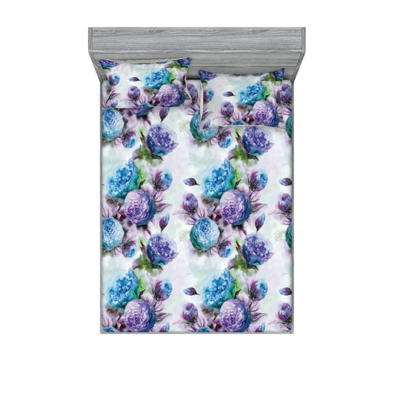 Blooming Floral Fitted Sheet & Pillow Sham Set, Romantic Flowers with Watercolor Style on Jumble Back Print, Decorative Printed 3 Piece Bedding Decor, King, Deep Sky Blue Pale Lilac, by Ambesonne