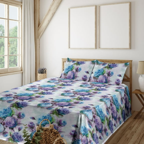 Ambesonne Blooming Floral Fitted & Flat Sheet with Sham 3 Pcs Set, Art Romantic Blooms, Twin, Deep Sky Blue Pale Lilac