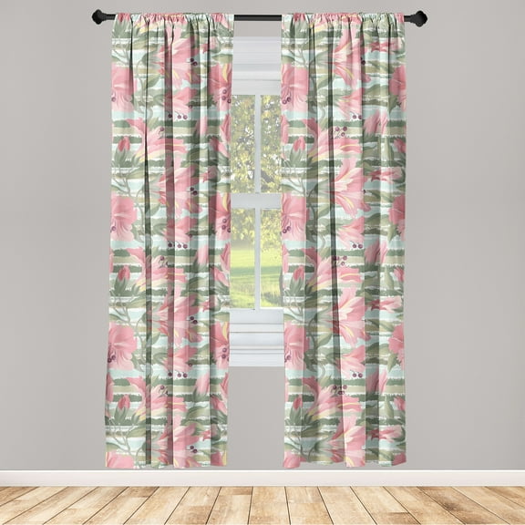 Blooming Floral Window Curtains, Leafy Design Pastel Springtime Flowers on Striped Back Print, Lightweight Decor 2-Panel Set with Rod Pocket, Pair of - 28"x84", Pastel Pink Peacock Green, by Ambesonne