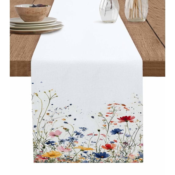 Blooming Flower Burlap Cotton Table Runner 13x70 Inches Long, Spring Floral Summer Botanical Colorful Farmhouse Table Runners, Outdoor Dining Tablecloths Decor for Baby Shower/Party/Wedding