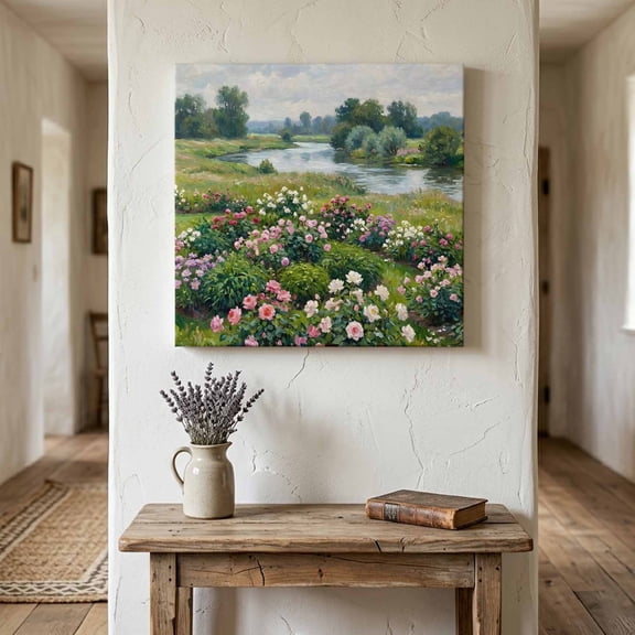 Blooming Flower Canvas Wall Art for Living Room Bedroom Bathroom, Summer Lush Green Meadow River Stream Farmhouse Canvas Art Wall Decor, Artwork for Walls Home Office Decor, 8"x8"