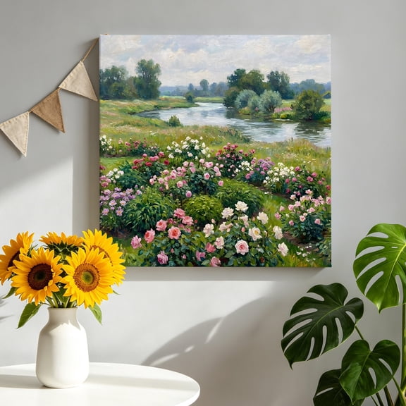 Blooming Flower Canvas Wall Art, Summer Lush Green Meadow River Stream Farmhouse Framed Picture Canvas Wall Art Print Decor Artwork Decorations for Living Room Bedroom Ready to Hang 8" x 8"
