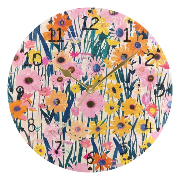 Blooming Flower Field Round Wall Clock Silent Analog Battery Operated Gold Pointer Home Decor 9.84" Diameter