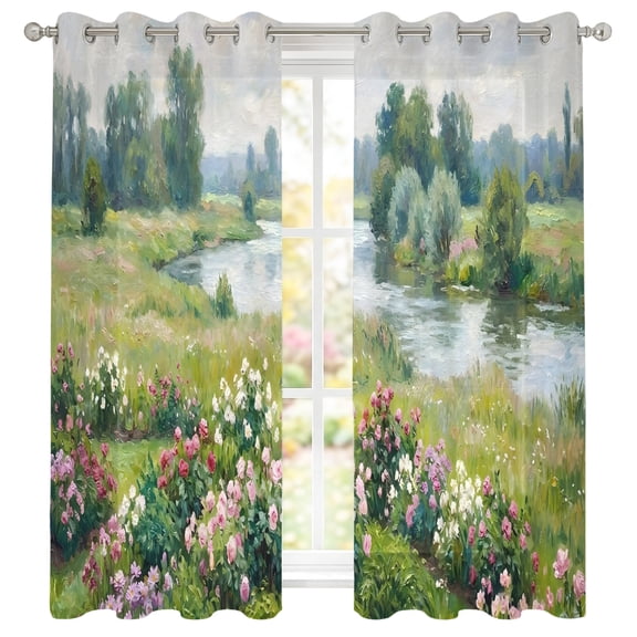 Blooming Flower Sheer Curtains 39 Inch Long 2 Panels, Summer Lush Green Meadow River Stream Farmhouse Light Filtering Semi Sheer Drapes Grommet Voile Window Curtain for Living Bedroom W27.9 x L39