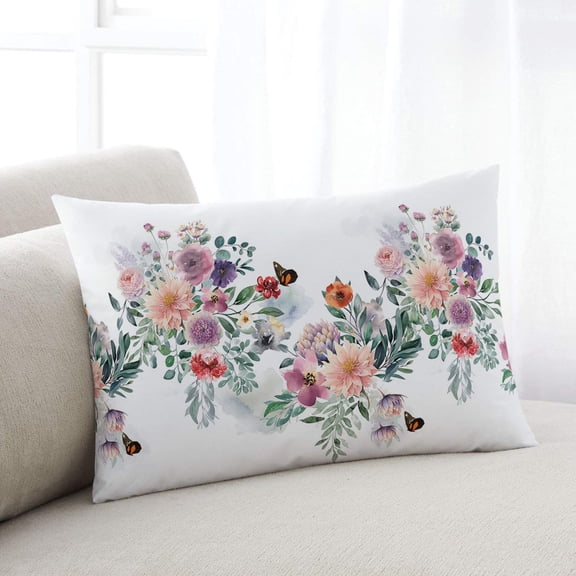 Blooming Flower Spring Throw Pillow Cover,Summer Butterfly Herb Plant Rectangle Decorative Pillow Case Protector Soft Cushion Cover Lumbar Pillowcase for Couch Sofa Bedroom Car Chair Decor 12x20 Inch