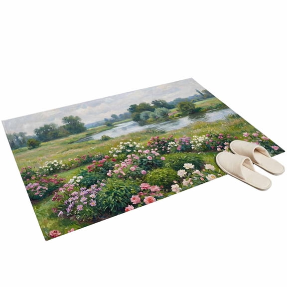 Blooming Flower Washable Area Rug 2 x 3 ft Summer Lush Green Meadow River Stream Farmhouse Soft Non‑Slip Rugs Stain Repellent Indoor Mats for Front Door, Narrow Hallway, Kitchen Doorway, Bedside