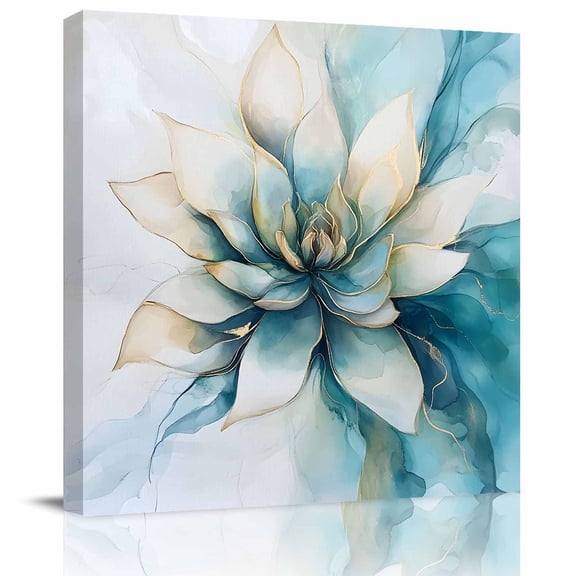 Blooming Flower White Lotus Canvas Artwork Painting Art, Abstract Marble Texture Square Framed Wall Decorations Prints Picture for Bedroom Kitchen Living Room, 16x16 in