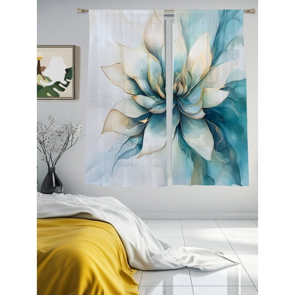 Blooming Flower White Lotus Chiffon Sheer Curtains 63 Inches Long Abstract Marble Texture Rod Pocket Window Curtains Voile Drapes Curtains for Living Room Bedroom,2 Panels