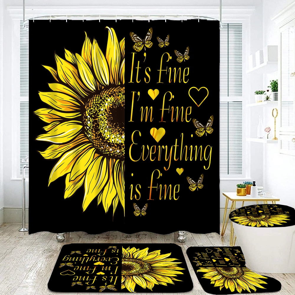 Sunflower Shower Curtain Set with Non-Slip Rug, Toilet Lid Cover and Bath Mat, Black Yellow (4 PCS)