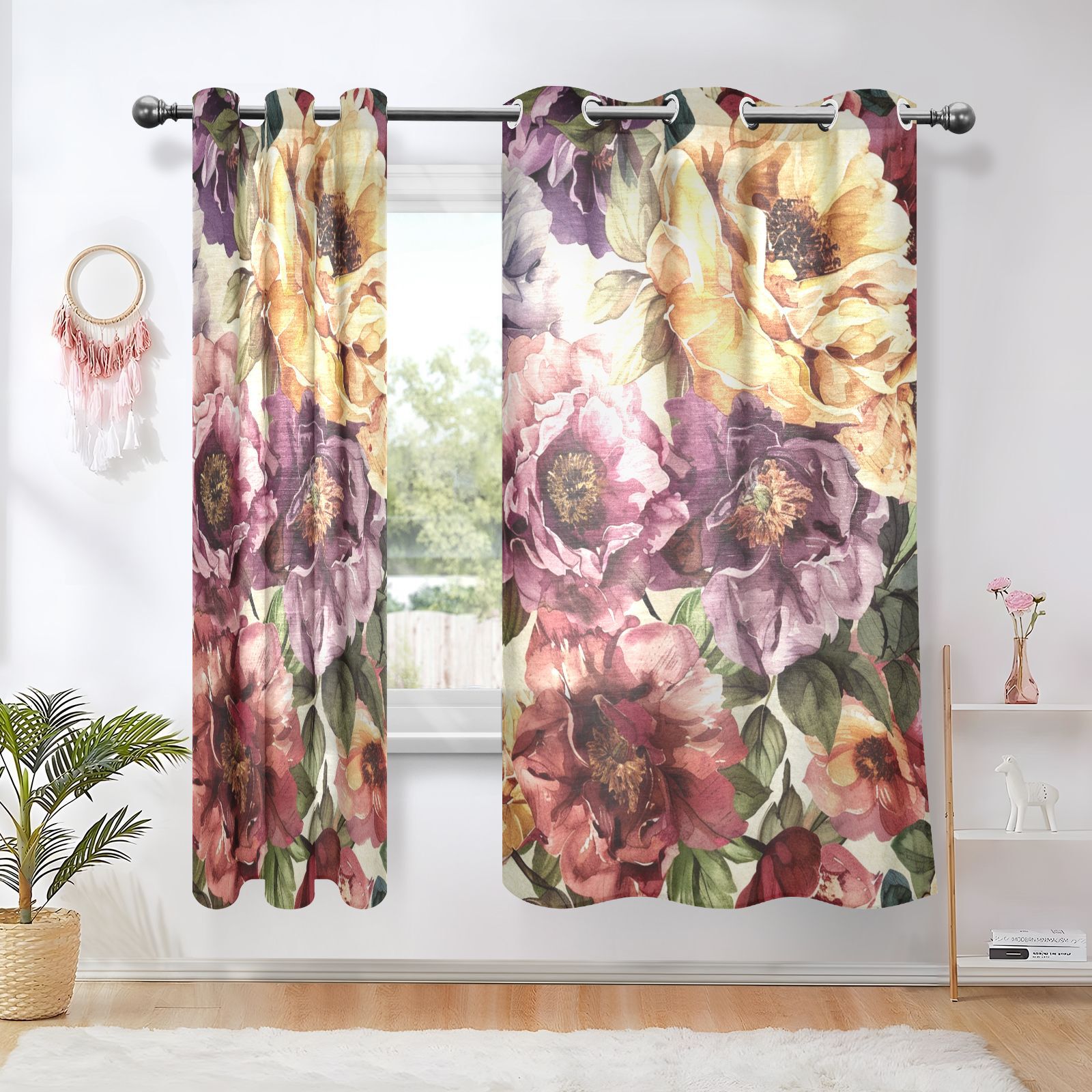 Blooming Flowers Blackout Curtains 63 inch Length 2 Panels Window
