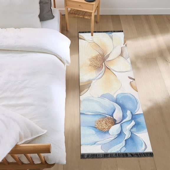 Blooming Flowers Blue and Beige Bedroom Runner Rug 2'x 6' Non Slip Carpet Indoor Home Area Rug Living Room