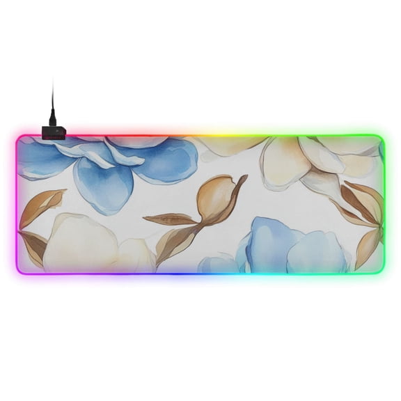 Blooming Flowers Blue and Beige RGB Gaming Mouse Pad Large Keyboard Mat Rubber Base 13 Light Modes