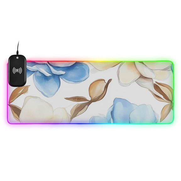 Blooming Flowers Blue and Beige Wireless Charging RGB Gaming Mouse Pad Large Keyboard Mat Rubber Base 13 Light Modes