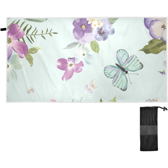 Blooming Flowers and Flying Butterflies Beach Towel 31" x 71", Quick Dry Bath Towel Super Absorbent Lightweight Travel Towel for Beach Yoga Swim Sport Camping Holiday