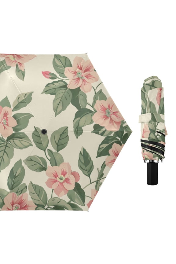 Blooming Flowers Green Leaves All Weather Umbrella Triple Folding Parasol 6 Ribs UV Protection Portable