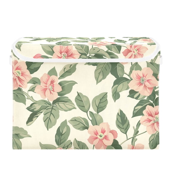 Blooming Flowers Green Leaves Foldable Storage Bin with Lid and Handle Collapsible Storage Box 16.5 x 12.6 x 11.8 inches
