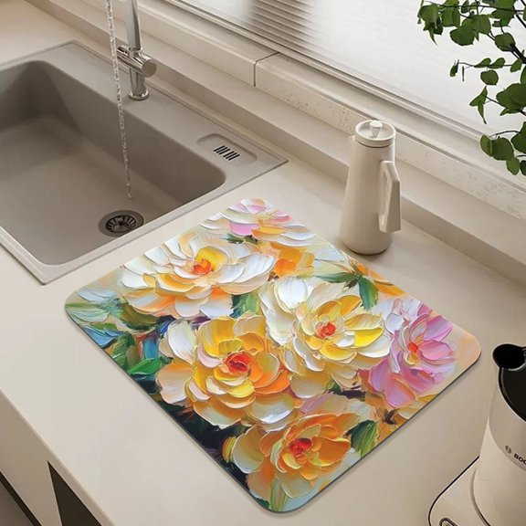 Blooming Flowers Oil Painting Dish Drying Mat for Kitchen Counter Absorbent Drainer Mats (15.7X11.8inch)