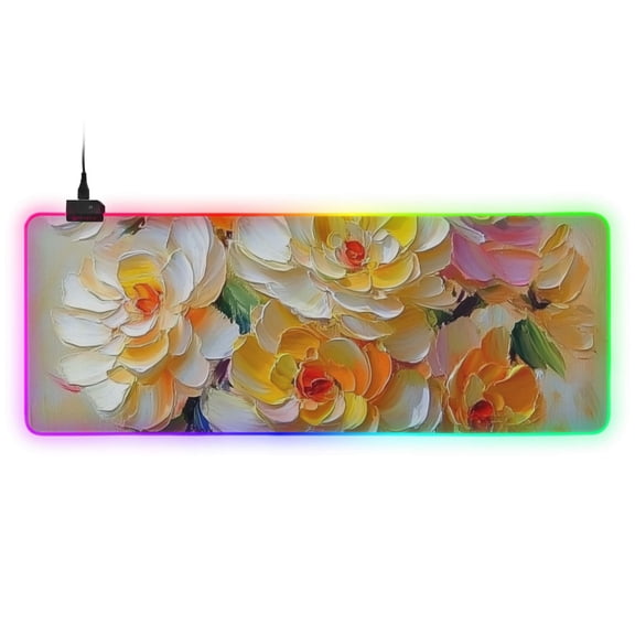 Blooming Flowers Oil Painting RGB Gaming Mouse Pad Large Keyboard Mat Rubber Base 13 Light Modes