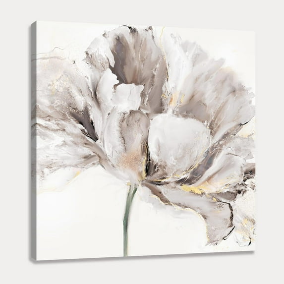 Blooming Flowers Picture Decor Wall Art White Abstract Floral with Gold Hand Painting artwork on Canvas for Bathroom Bedroom Walls 12x12