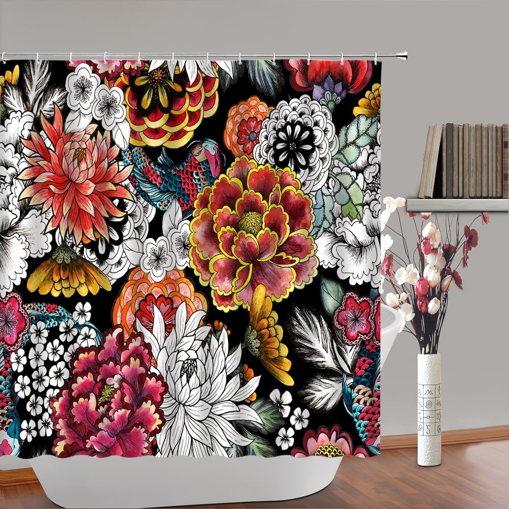 Blooming Flowers Shower Curtain Watercolor Lotus Rose Dahlia Floral