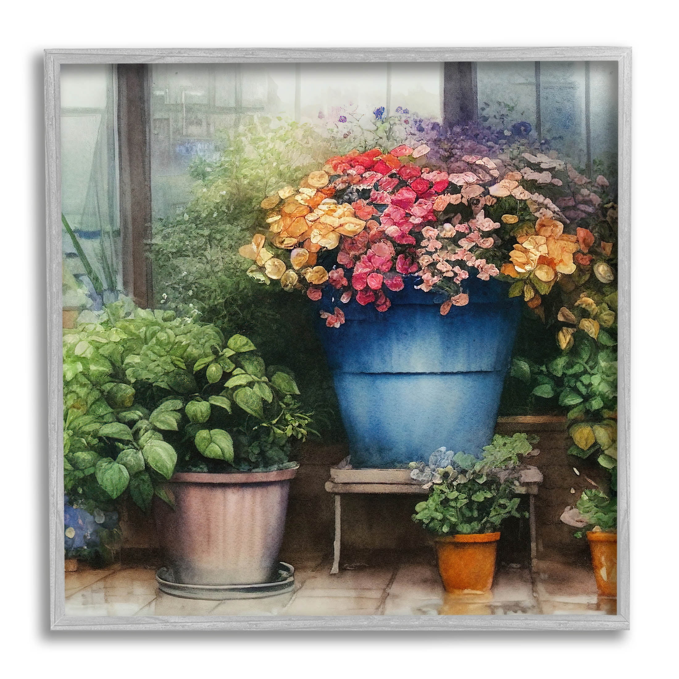 Blooming Flowers Vivid Garden Botanical & Floral Painting Gray Framed Art Print Wall Art
