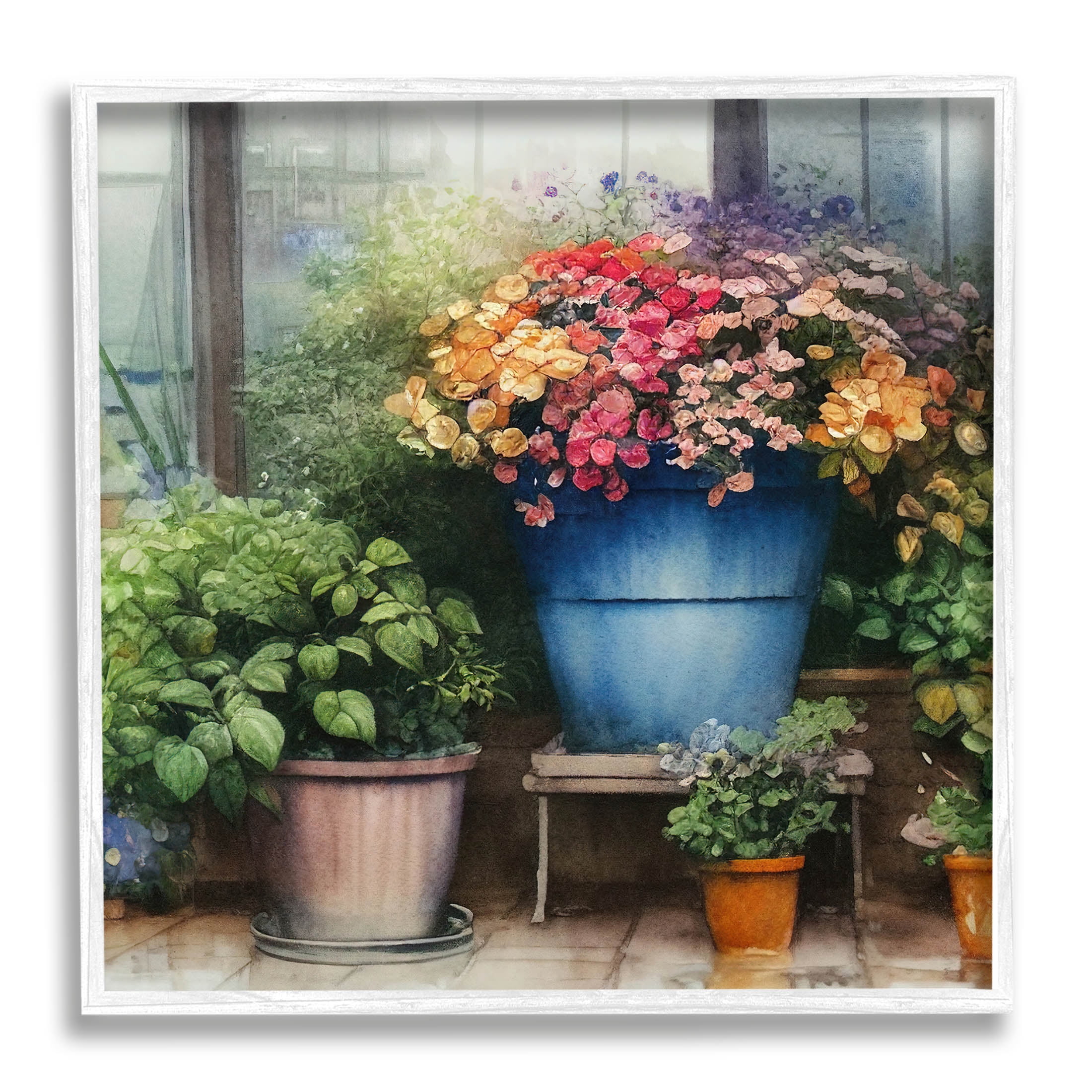 Blooming Flowers Vivid Garden Botanical & Floral Painting White Framed Art Print Wall Art