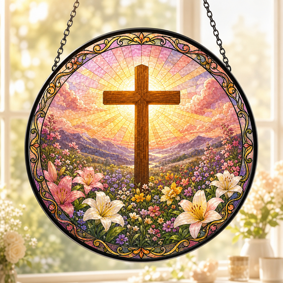 Blooming Garden Cross Stained Glass Suncatcher for Window Hanging Christian Gift