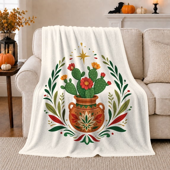 Blooming Green Cactus and Terracotta Folk Art Pot Flannel Blanket, Bright Desert Botanical Home Decor for Garden Fans, Soft Housewarming Gift for Bedroom and Sunroom