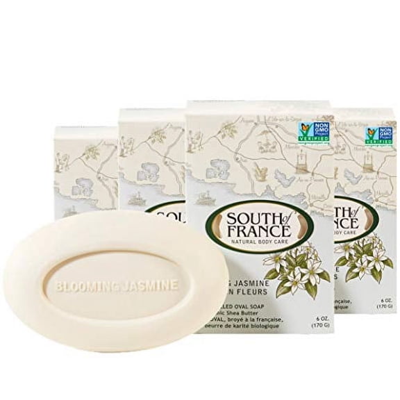 Blooming Jasmine Clean Bar Soap by South of France Clean Body Care | Triple-Milled French Soap with Organic Shea Butter + Essential Oils | Vegan, Non-GMO Body Soap | 6 oz Bar  4 Pack
