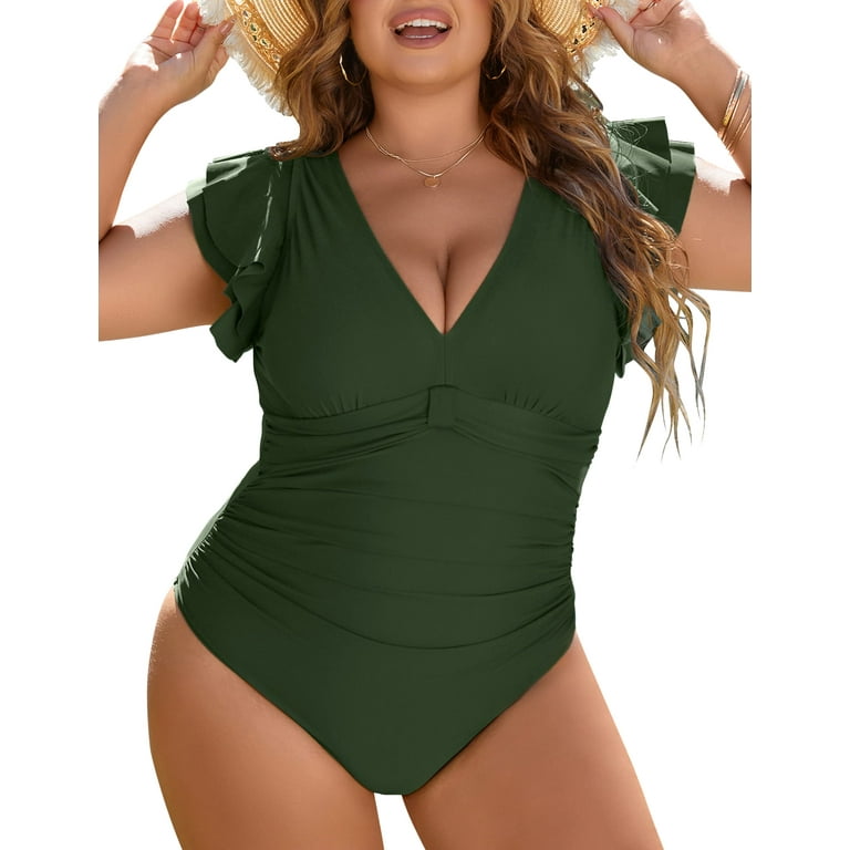 Summer Mae Plus Size V Neck One Piece Swimsuits for Women Mesh High Cut Bathing  Suits Tummy Control Monokini Balsam Green 14 Plus at  Women's  Clothing store