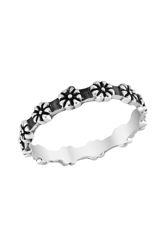 Blooming Little Daisy Flowers All Around Sterling Silver Band Ring-8