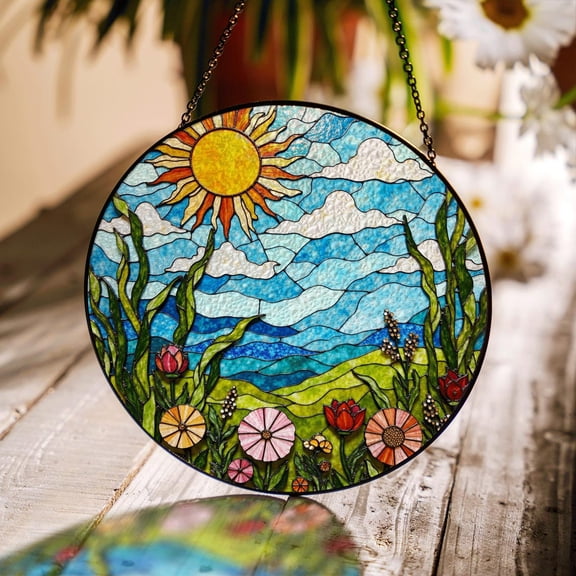 Blooming Meadow Sun and Sky Glass Suncatcher, Colorful Window Hanging, for Her, 3.5 in