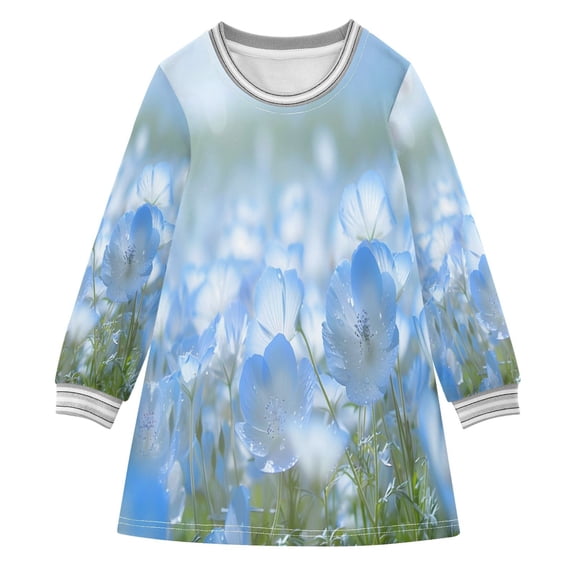 Blooming Nemophila Flowers Girl's Long-sleeved Dress A-line One-Piece ...
