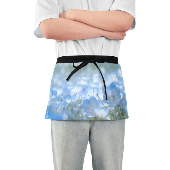 Blooming Nemophila Flowers Short Server Apron with 3 Pockets for Unisex Chef Gardening